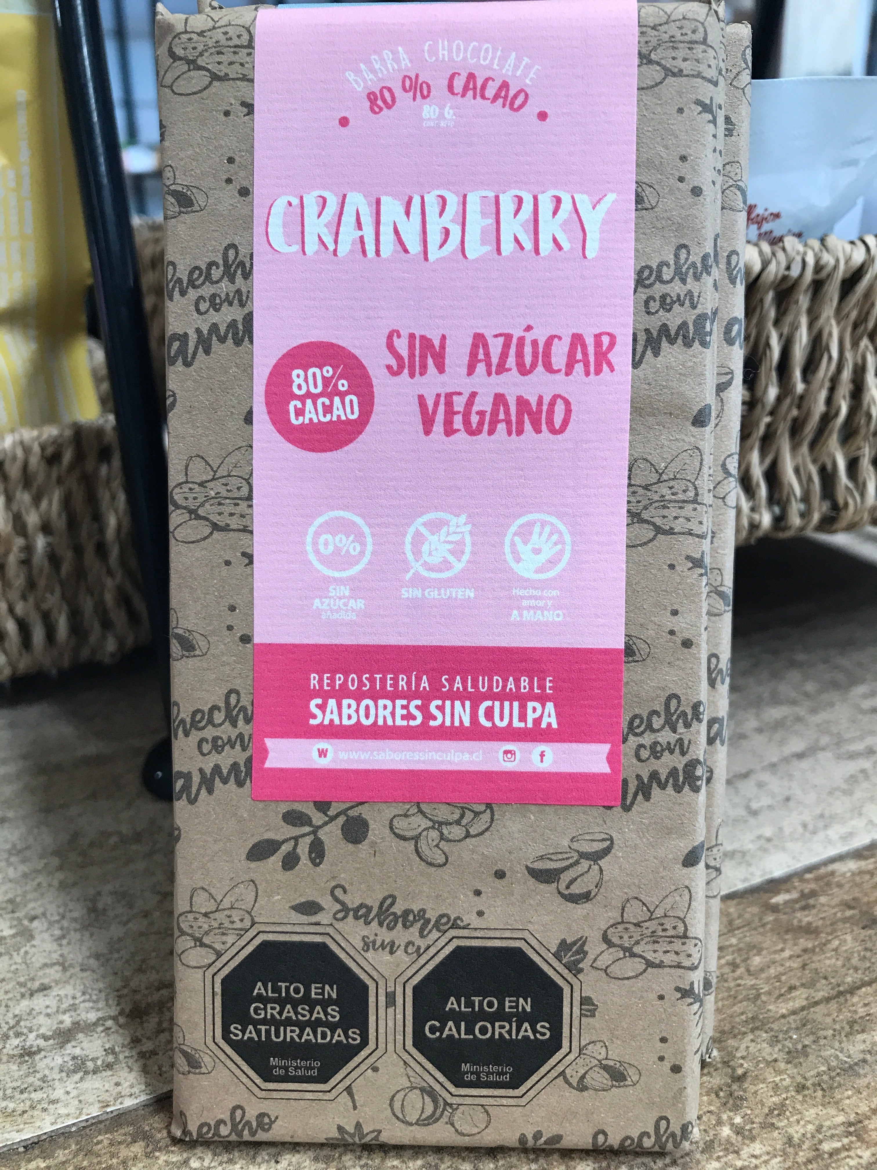 Barra de Chocolate Cranberry 80% Cacao Sin Azúcar Sabores sin Culpa - 80 gr