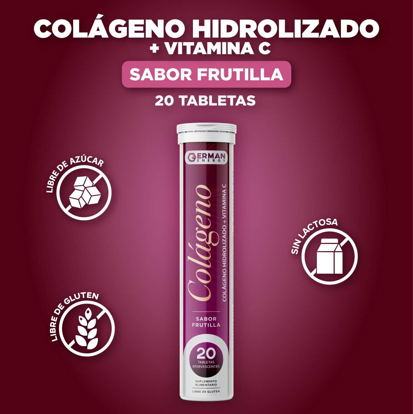Colágeno Marino Hidrolizado + Vit C Sabor a Frutilla Kollplus German Energy - 20 tabletas efervescentes