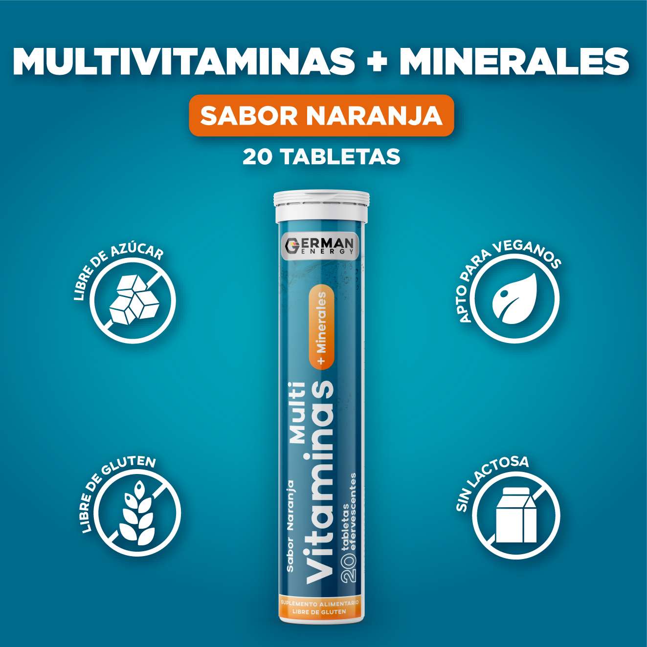 Multivitaminas + Minerales  Sabor Naranja German Energy - 20 tabletas efervescentes
