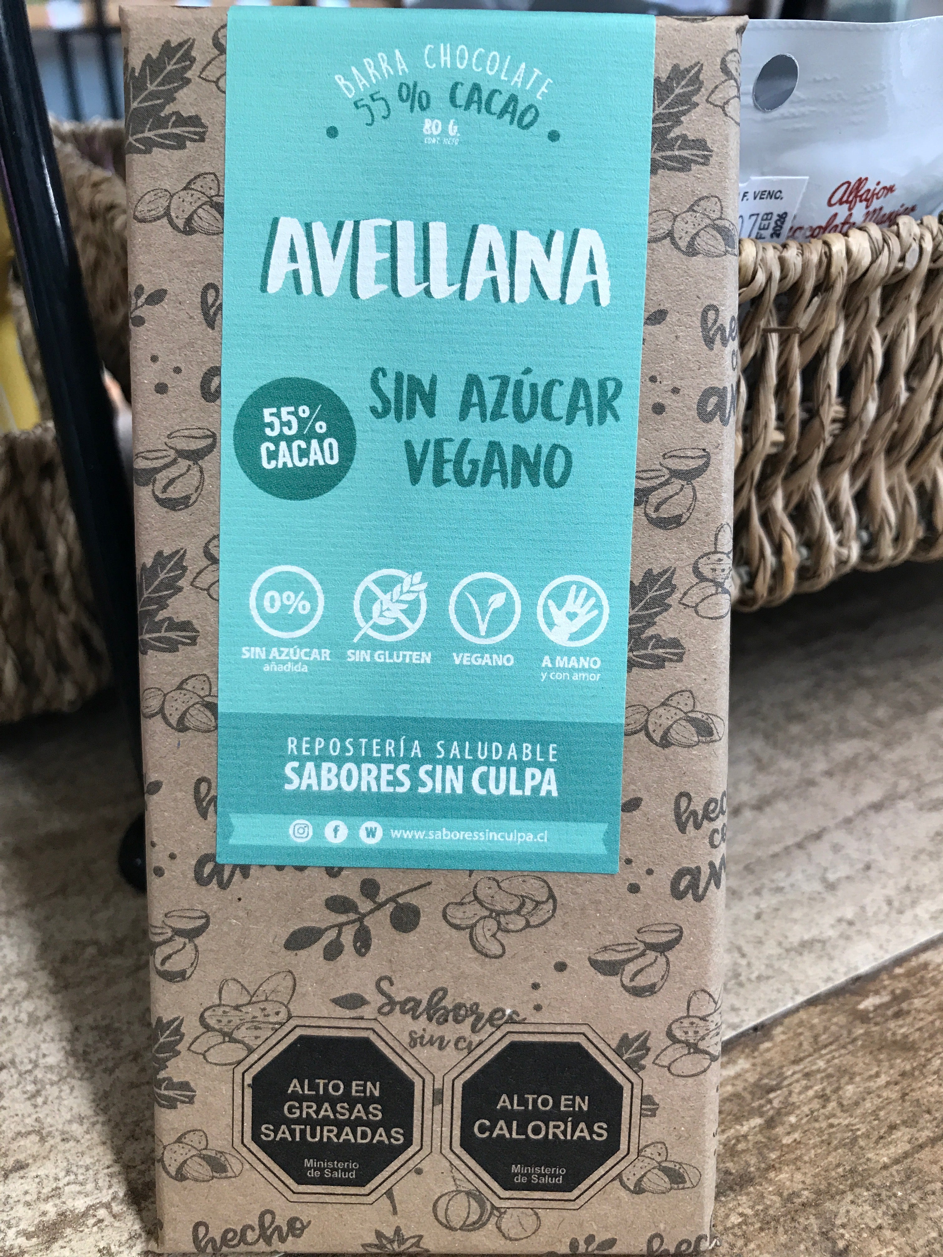 Barra de Chocolate Avellana 55 % Cacao Sin Azúcar Sabores sin Culpa - 80 gr
