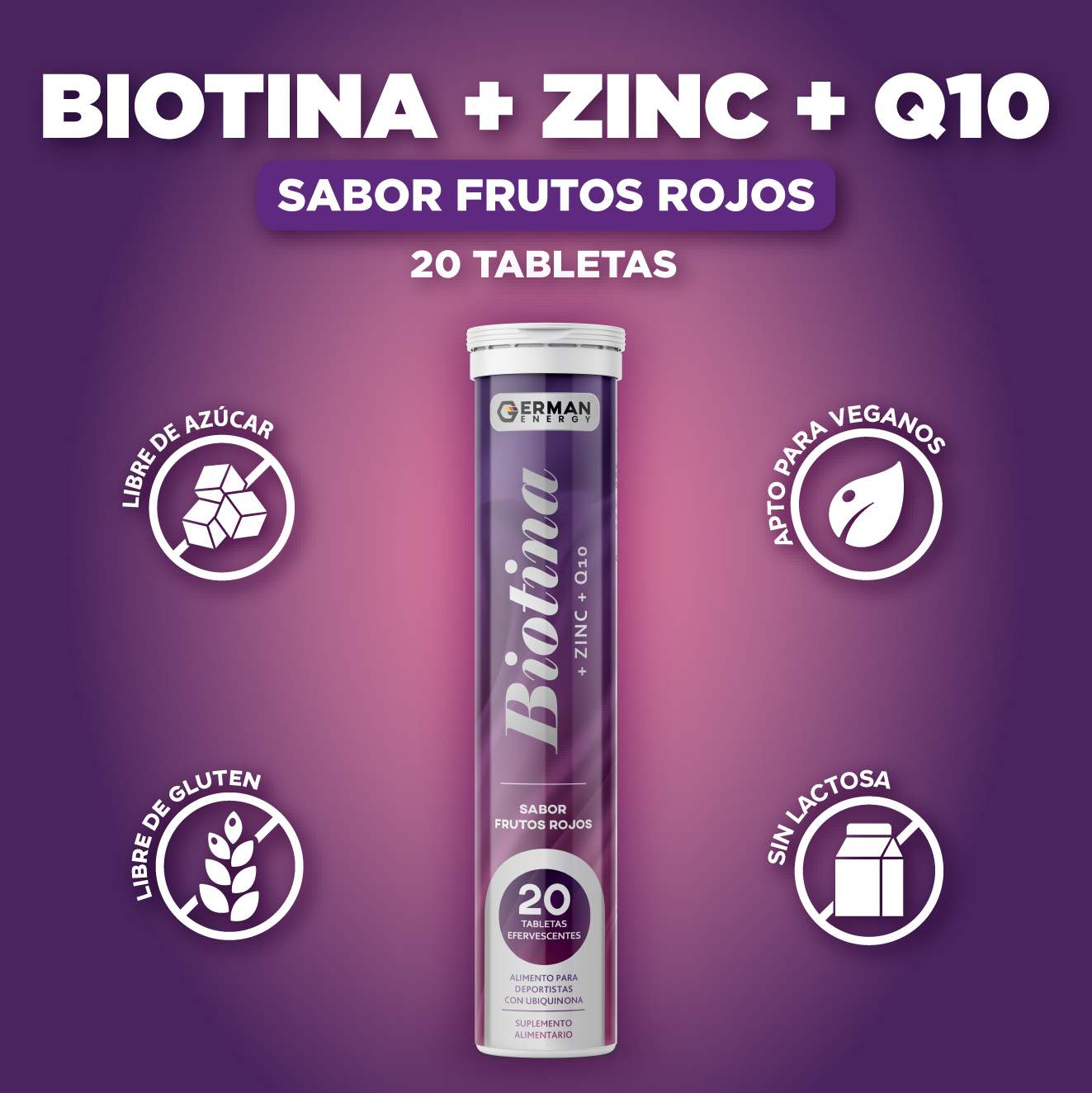 Biotina + Zinc + Q10 Sabor Frutos Rojos German Energy - 20 Tabletas Efervescentes