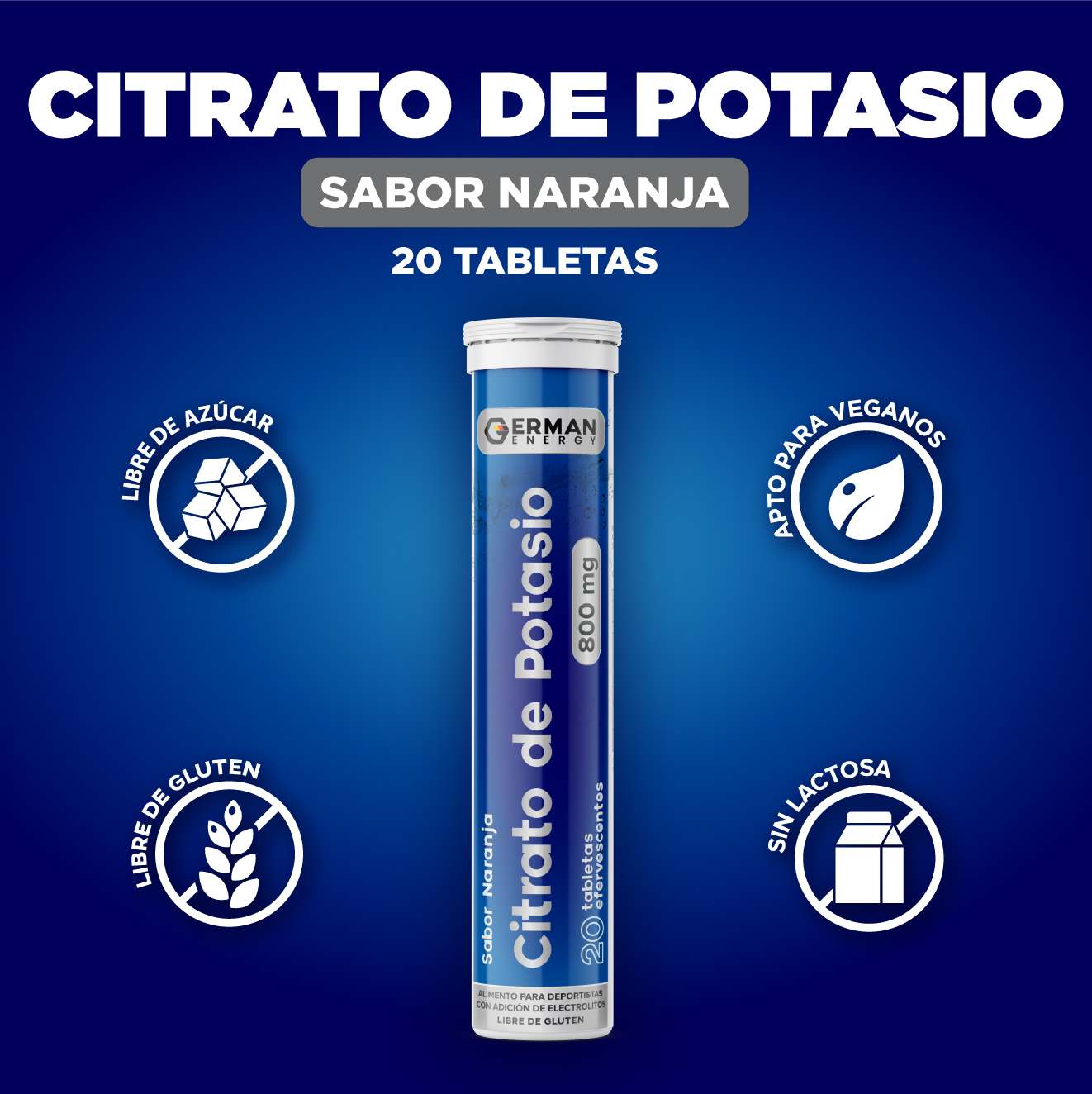 Citrato de Potasio Sabor a Naranja German Energy - 20 tabletas efervescentes