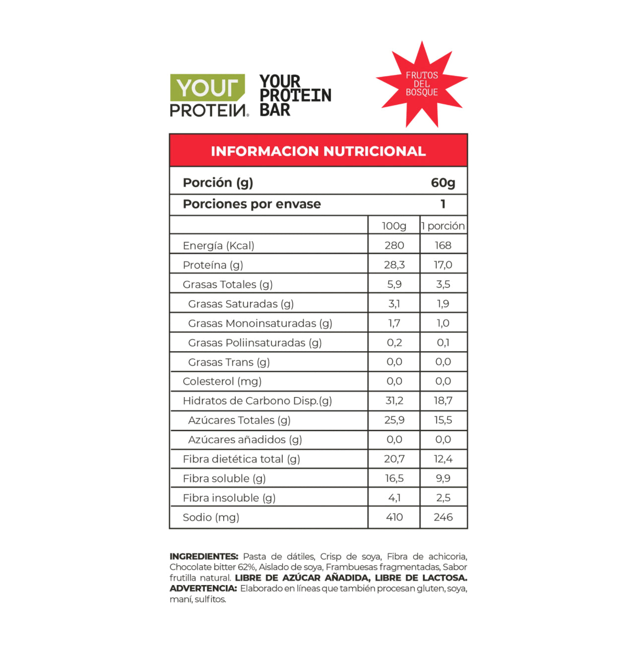 Barra Proteína Vegan Frutos del Bosque Your Protein - 60 gr