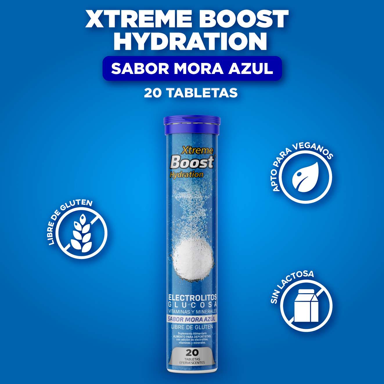 Hydration Rehidratante Sabor Mora Azul Xtreme Boost German Energy - 20 tabletas efervescentes