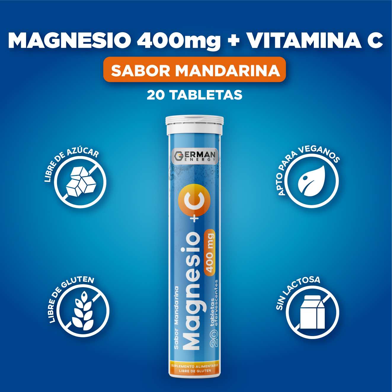 Magnesio 400 + Vitamina C Sabor Mandarina German Energy - 20 tabletas efervescentes