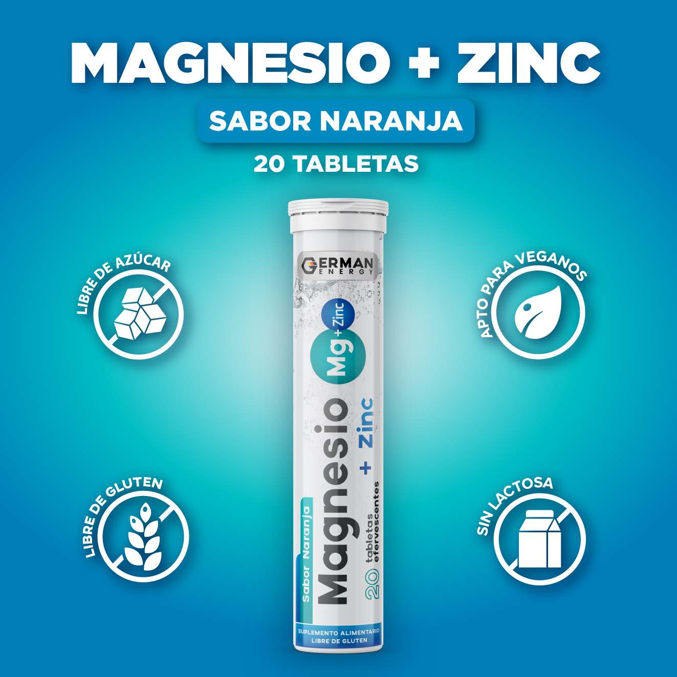 Magnesio + Zinc Sabor a Naranja  German Energy - 20 tabletas efervescentes