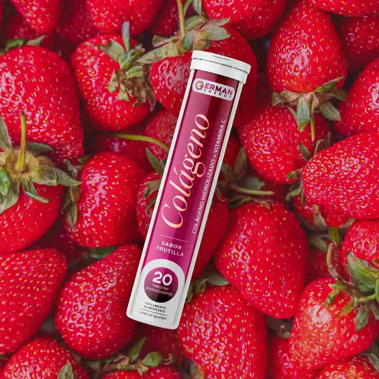 Colágeno Marino Hidrolizado + Vit C Sabor a Frutilla Kollplus German Energy - 20 tabletas efervescentes